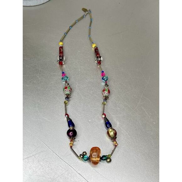 Treska Necklace Multicolor Glass Beads Floral Mixed Media Boho Statement - Picture 1 of 5